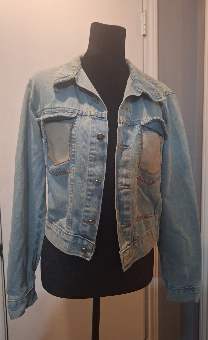 Denim Jacket Native Made In Brazil Leather Pockets Sz Med Orange Thread